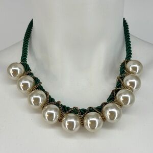 White Faux Pearl Green Cord Short Necklace Gold Tone Chain 18.5" Boho Statement